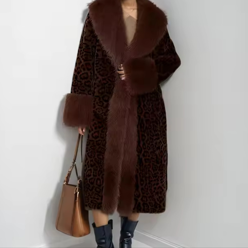 Brown Leopard Print Big Size Long Faux Fur Jacket For Women Lapel Long Sleeve - Picture 10 of 10